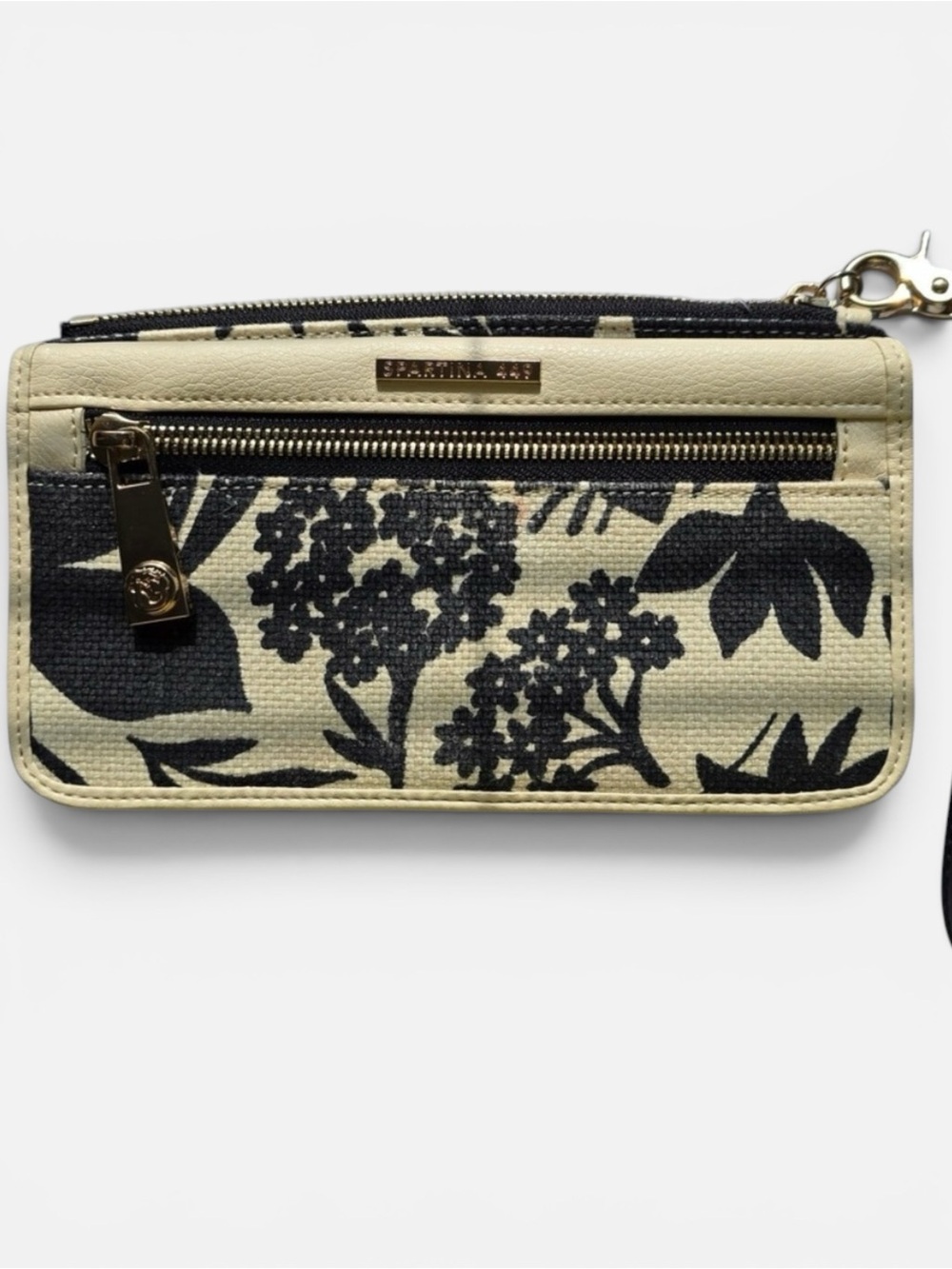Spartina 449 Floral Wristlet Wallet Black Cream Linen Leather Turquoise Interior